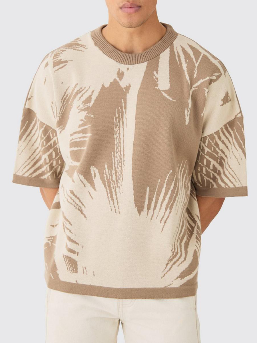 Oversized Tonal Abstract Drawing Knitted T-Shirt