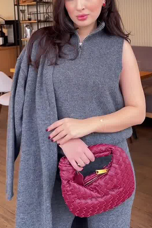 Kathiadress Sleeveless stand-up collar long cardigan gray knit three-piece set