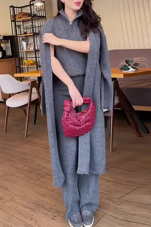 Kathiadress Sleeveless stand-up collar long cardigan gray knit three-piece set