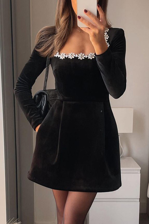 Kathiadress  Square neck rhinestone-embellished short velvet dress