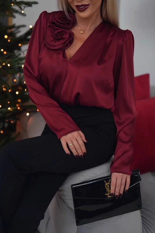 Kathiadress V-neck floral-decorated satin long-sleeved shirt top