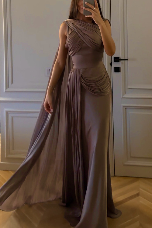 Kathiadress Pleated ribbon satin evening gown dress