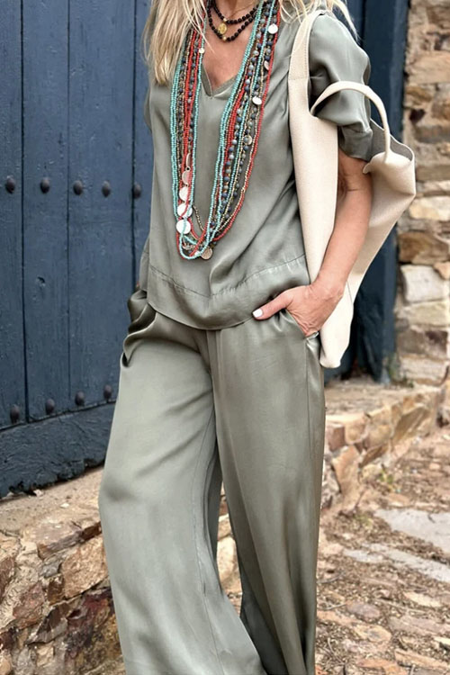 Kathiadress silk casual V-neck top wide-leg pants Two pieces
