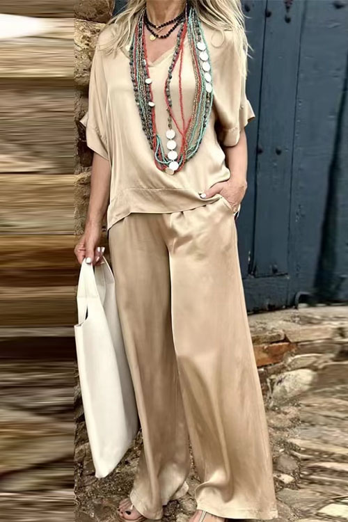 Kathiadress silk casual V-neck top wide-leg pants Two pieces