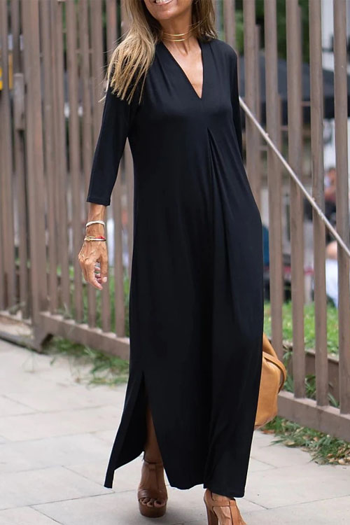 Kathiadress V-neck slit casual three-quarter sleeve long dress
