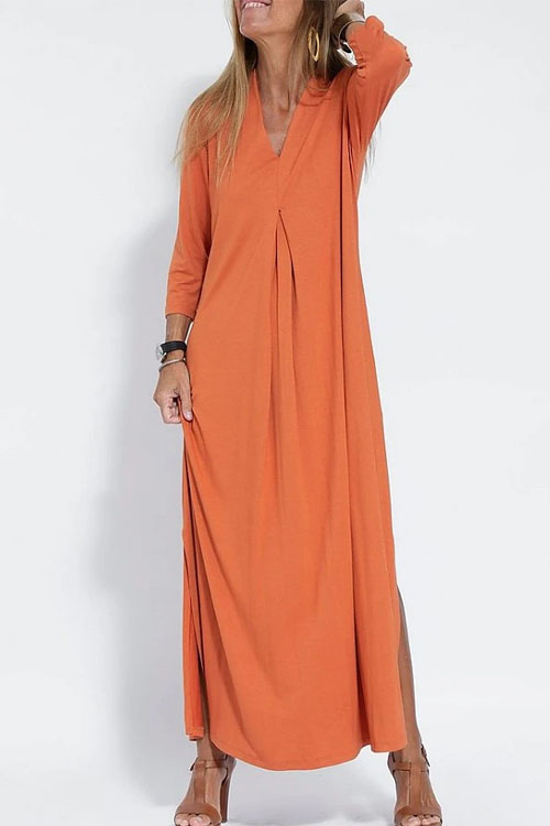 Kathiadress V-neck slit casual three-quarter sleeve long dress