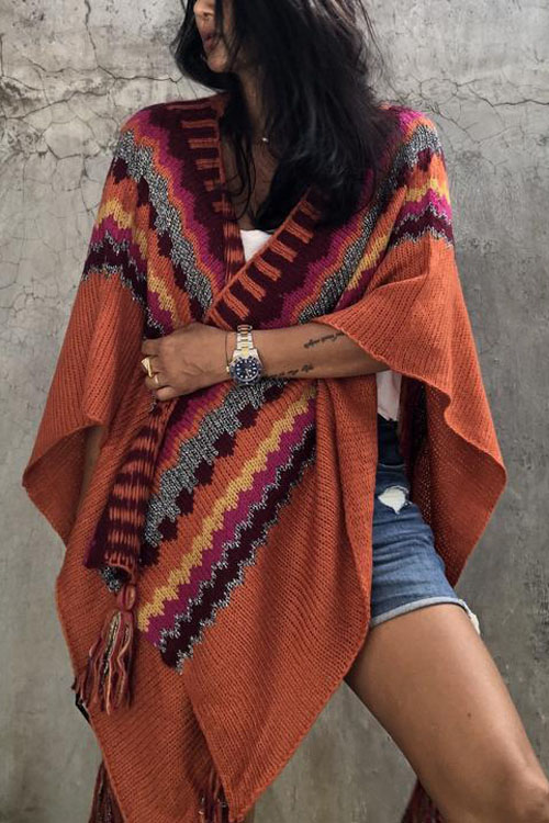 Kathiadress Ethnic style multi-color knitted shawl warm scarf Cloak