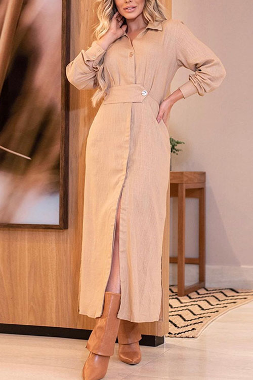 Kathiadress Lapel long sleeve waist slit long dress