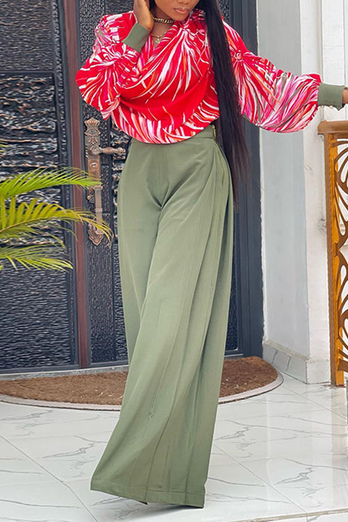Kathiadress  Print design lantern sleeve shirt wide-leg trousers casual suit