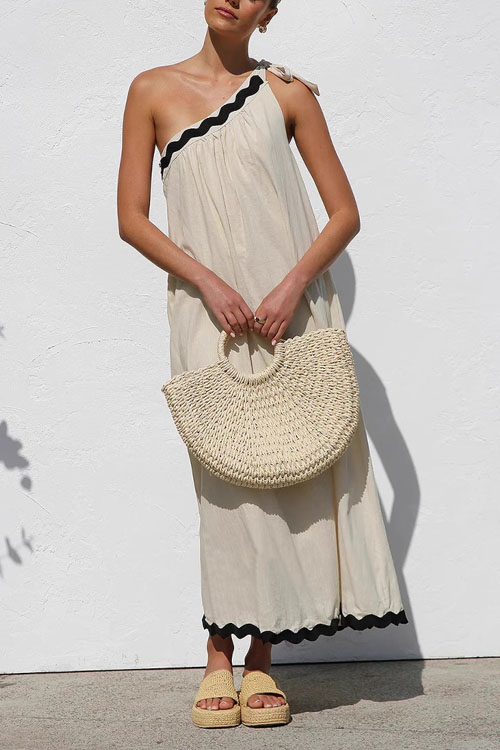Kathiadress One-Shoulder Tie-Back Lace Trimmed Vacation Style Dress