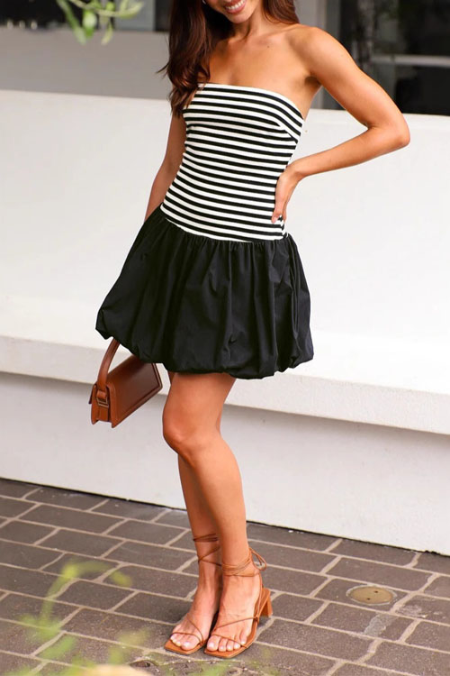 Kathiadress Strapless Striped Patchwork Pleated Mini Dress