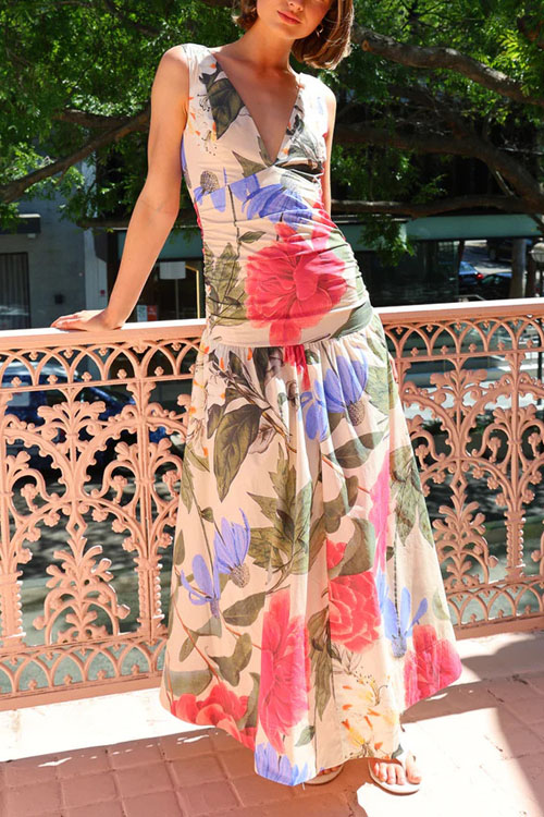Kathiadress French Print Cinched Waist V-Neck Flared Long Dress