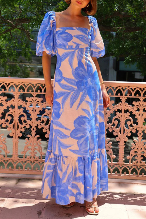 Kathiadress Square Neck Fitted Balloon Sleeve French Long Dress