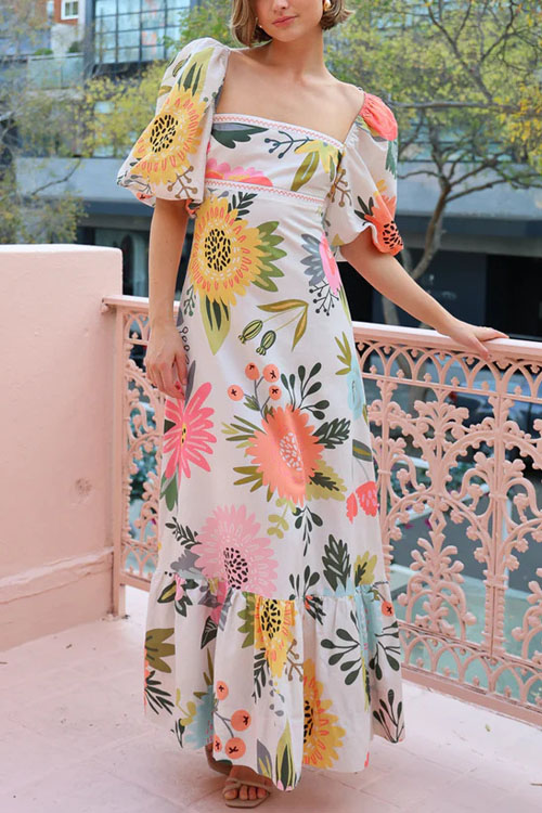 Kathiadress Square Neck Fitted Balloon Sleeve French Long Dress
