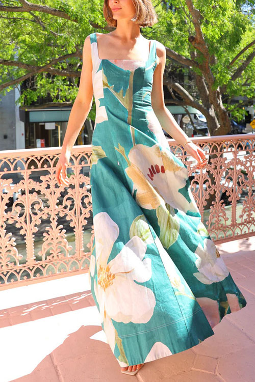Kathiadress Printed French Square Neck Fitted Flared Long Dress