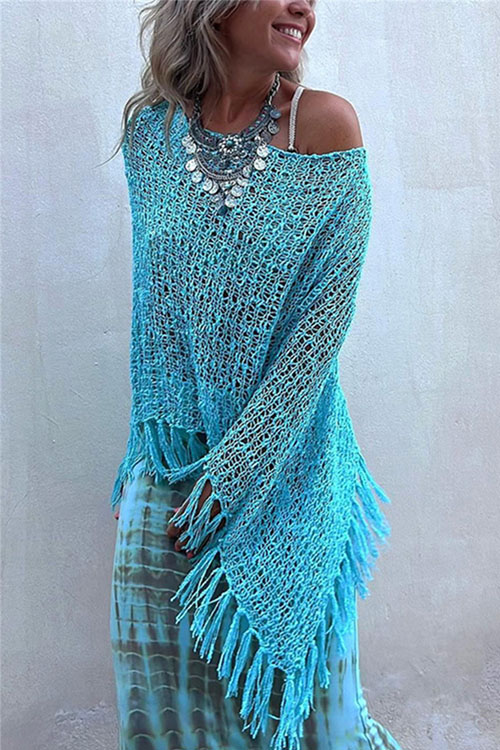 Kathiadress Bat-sleeve fringed knitted sweater pullover cape blouse