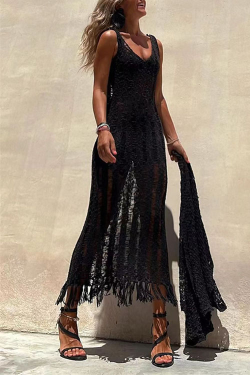 Kathiadress fringed cutout pullover Maxi long knitted dress