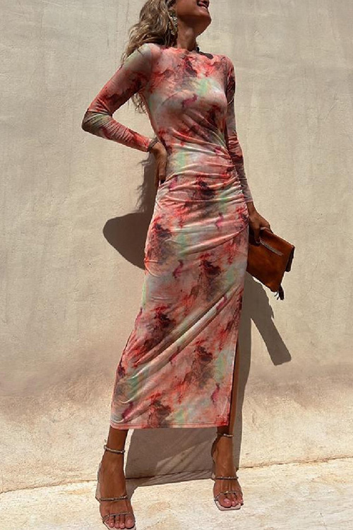 Kathiadress Mesh  Printed Slim Fit Stretch Long Sleeve Dress