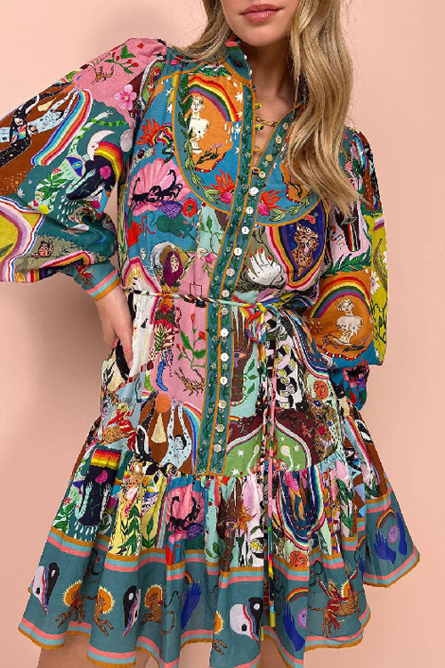Kathiadress Long sleeve printed strappy cotton and linen pleated dress