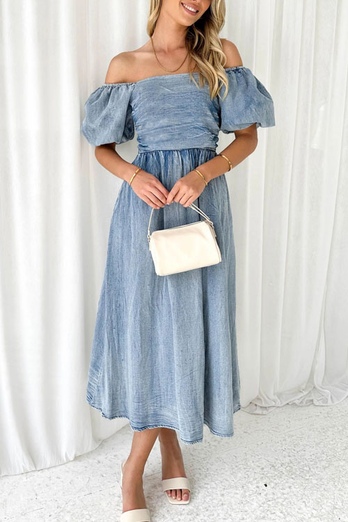 Kathiadress  One shoulder puff sleeve waisted denim dress