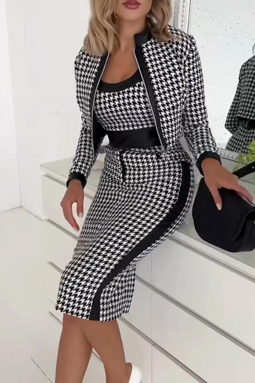 Kathiadress Sweet slim fit  printed long-sleeved jacket, vest and skirt three-piece suit