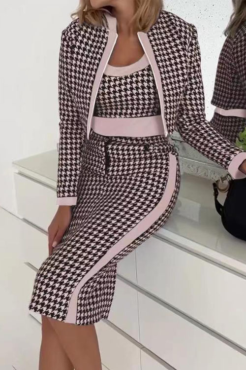 Kathiadress Sweet slim fit  printed long-sleeved jacket, vest and skirt three-piece suit