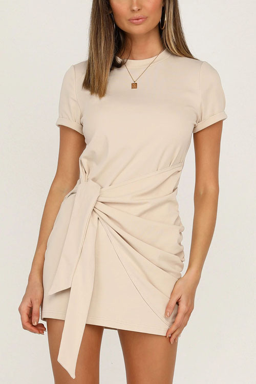 Kathiadress Fashionable hem lace-up solid color short-sleeved dress