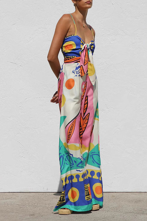 Kathiadress Floral Printed Waist-Tie Sleeveless Wide-Leg Straight-Leg Jumpsuit