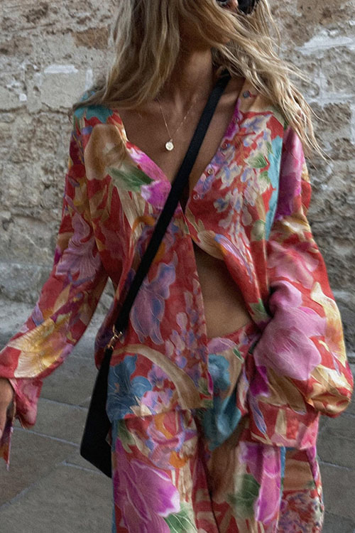 Kathiadress Long Sleeve Positioning Printed Shirt Set INS Casual Holiday Two-Piece Set