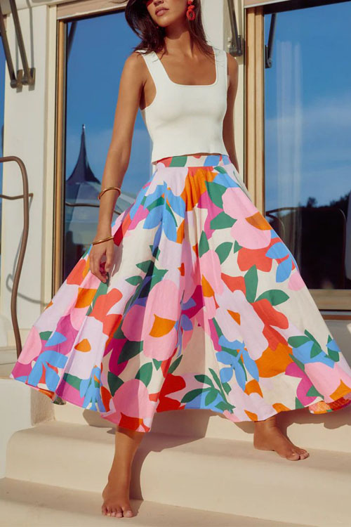 Kathiadress Summer Colourful Floral High Waist Large Hem Half Skirt