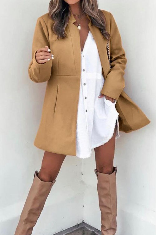 Kathiadress Solid color slimming long sleeve pocket woolen jacket