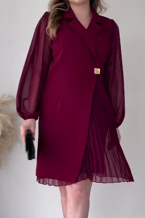 Kathiadress Solid Color Lapel Collar Pleated Long Dress