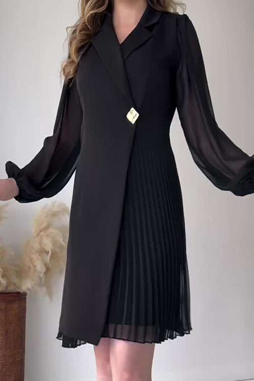 Kathiadress Solid Color Lapel Collar Pleated Long Dress