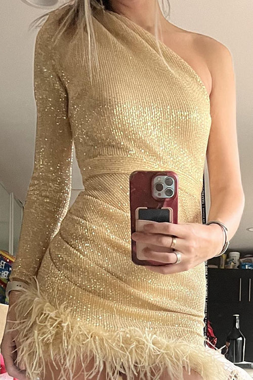 Kathiadress Solid Color Feather Sequin Party Dress