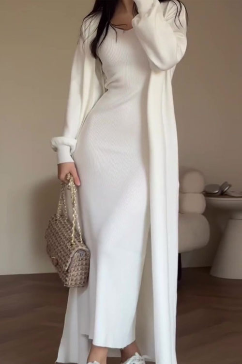 Kathiadress Casual Style Slim-fit Knit Sweater and Over-the-knee Long Skirt Two-piece Set