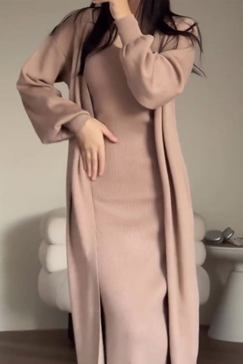 Kathiadress Casual Style Slim-fit Knit Sweater and Over-the-knee Long Skirt Two-piece Set