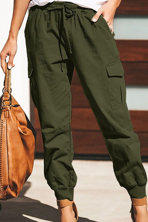 Kathiadress Solid Color Casual Fashion Pocket Drawstring Cargo Pants
