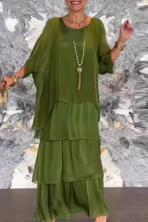 Kathiadress Chiffon Mesh Batwing Sleeve Crew Neck Long Dress