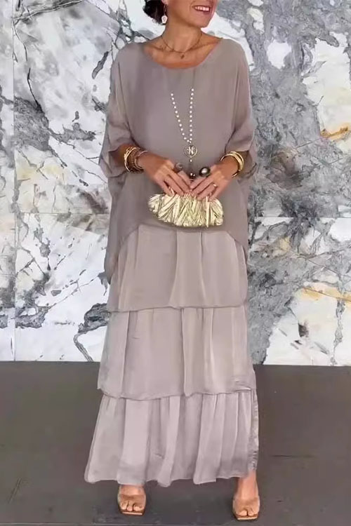 Kathiadress Chiffon Mesh Batwing Sleeve Crew Neck Long Dress