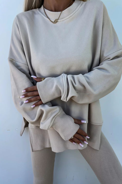 Kathiadress Casual Crew Neck Side Slit Top and Sweatpants Set