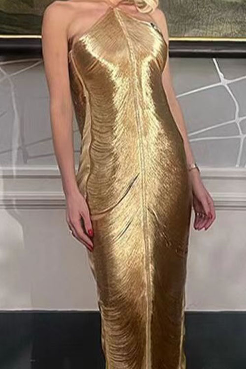 Kathiadress Fringe Halter Back Slit Gown Dress