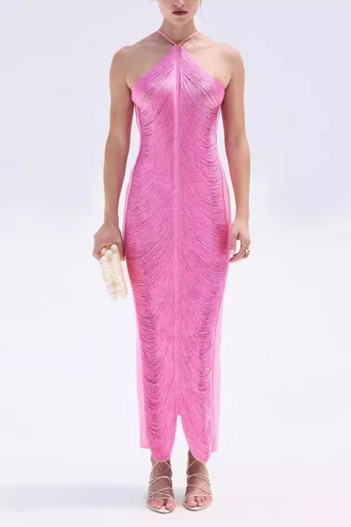 Kathiadress Fringe Halter Back Slit Gown Dress