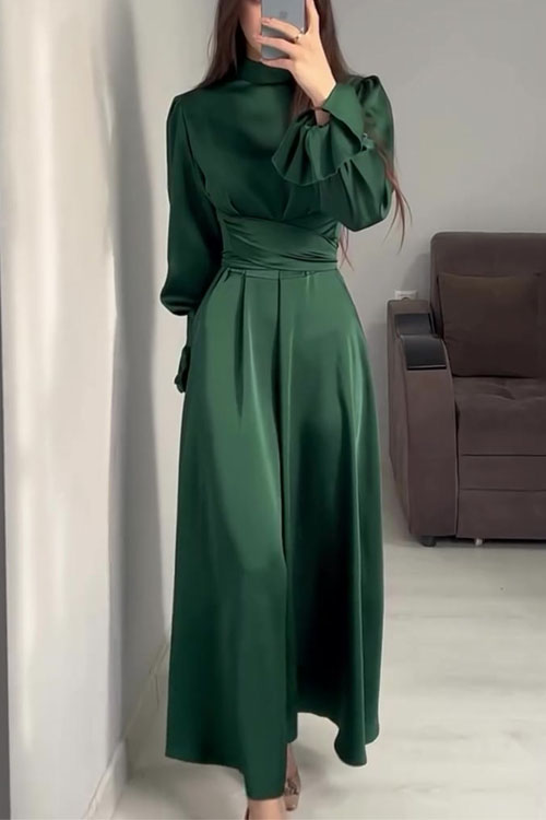Kathiadress Waist-Cinched Puff Sleeve Solid Color Fairy-Style Dress