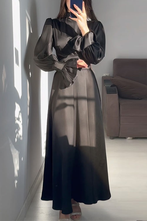 Kathiadress Waist-Cinched Puff Sleeve Solid Color Fairy-Style Dress