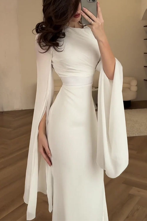 Kathiadress Paneled Mesh Flare Sleeve Satin Slim-Fit Dress
