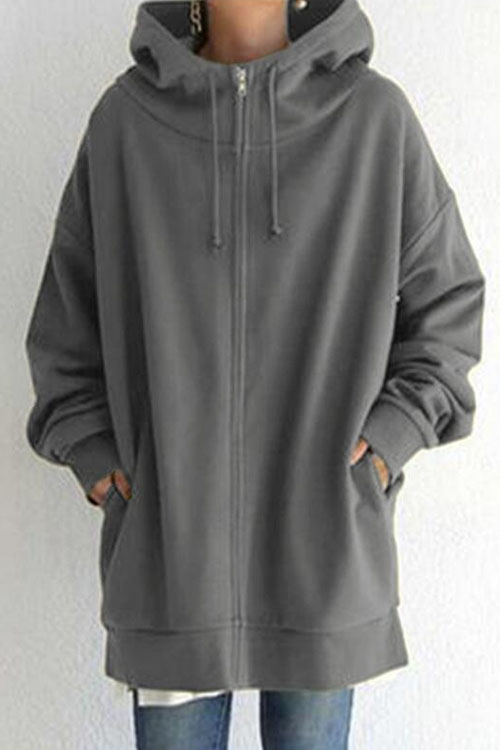 Kathiadress Street-style zip-up hooded long fleece-lined sweatshirt