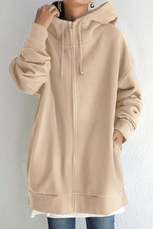 Kathiadress Street-style zip-up hooded long fleece-lined sweatshirt
