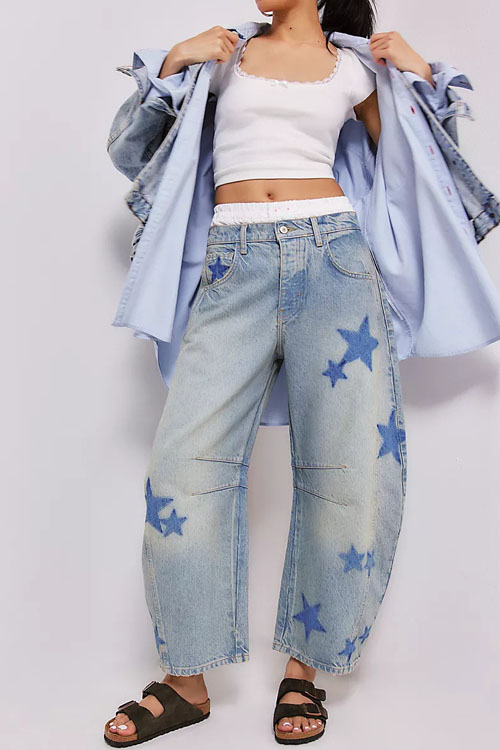 Kathiadress Heart-print Casual Loose Mid-rise Straight-leg Jeans