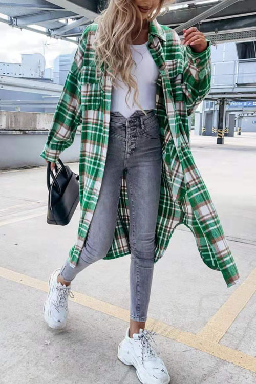 Kathiadress Fashionable Long Checkered Shirt Jacket