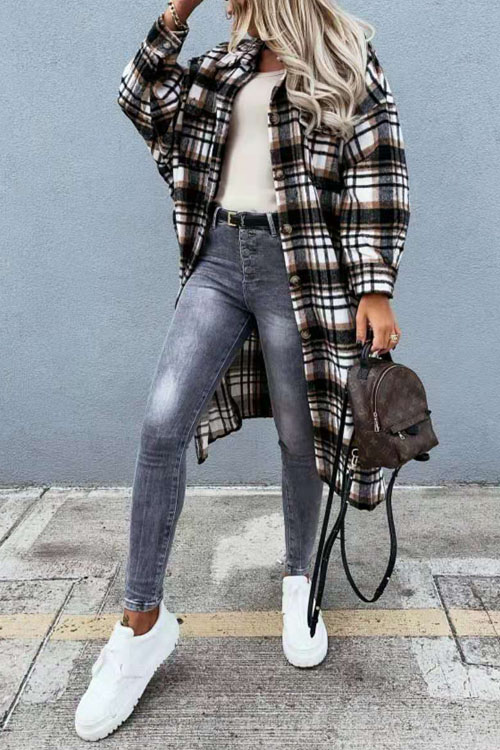 Kathiadress Fashionable Long Checkered Shirt Jacket